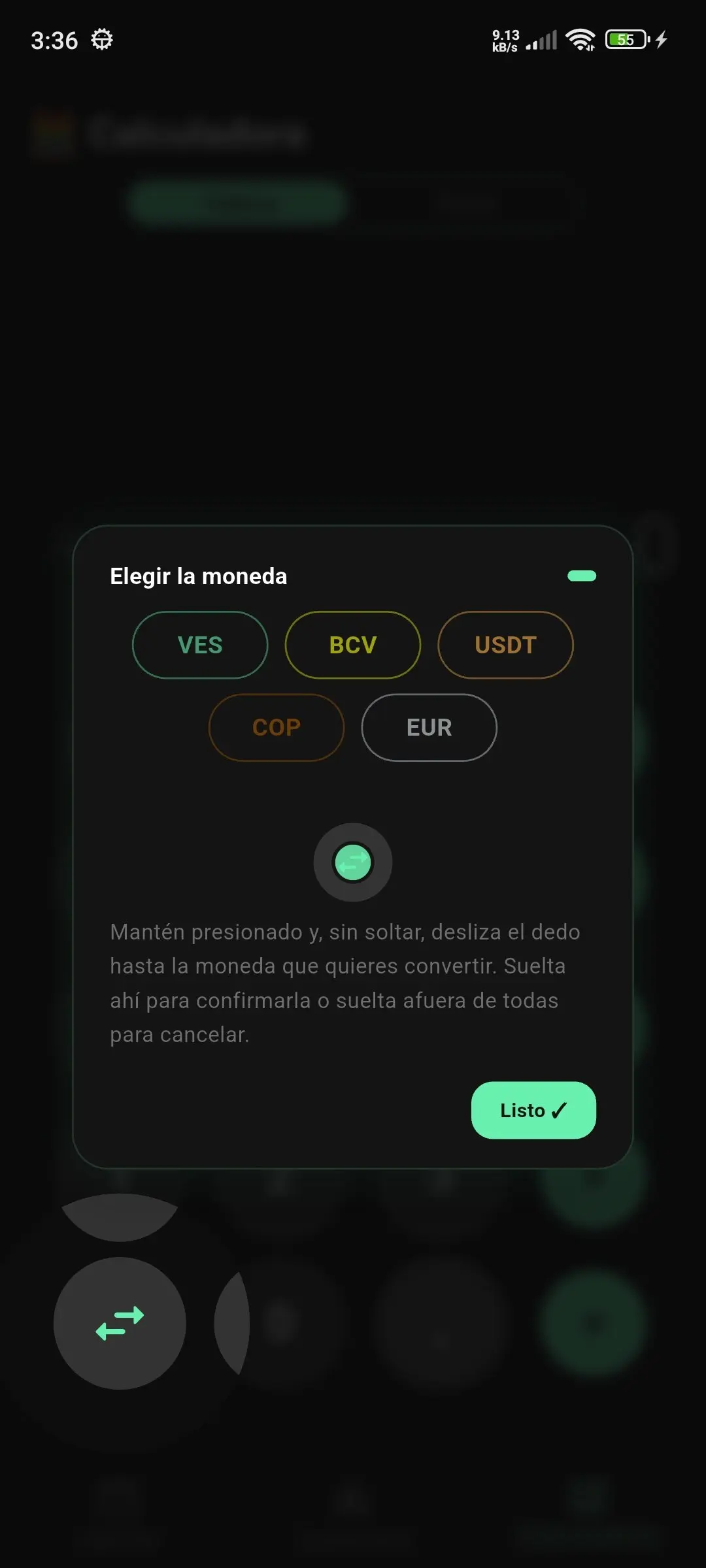Selector de moneda interoperable entre calculadora clásica y de cambio